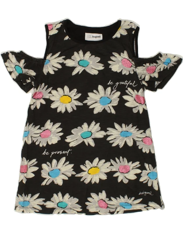 DESIGUAL Girls Blouse Top 11-12 Years Black Floral Cotton Delicate Bow Blouse