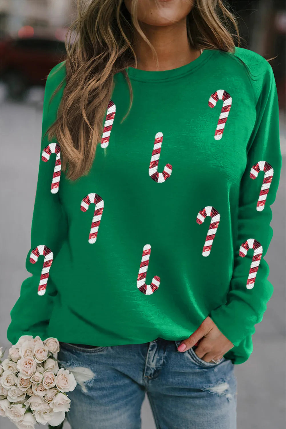 Candy Cane Round Neck Long Sleeve Sweatshirt Hoodie with Lace Feminine Delicate