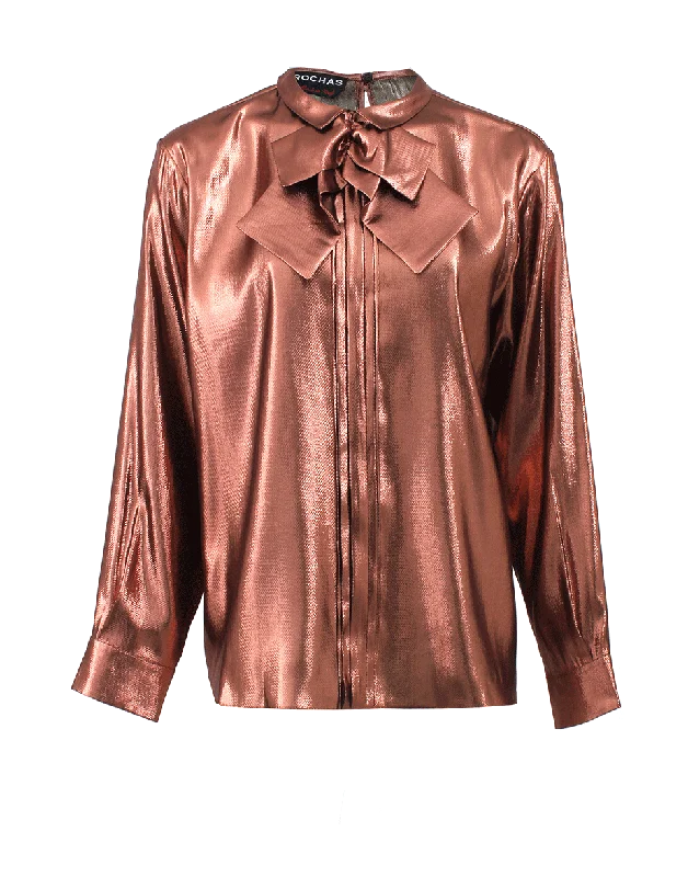 Lame Neck Tie Blouse Subtle Shimmer Blouse