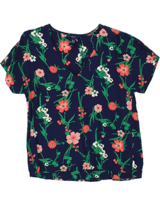GANT Womens Blouse Top UK 10 Small  Navy Blue Floral Viscose Airy Cotton Blouse