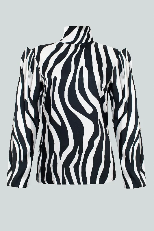 Ebony Printed High-Neck Blouse Satin Long Blouse