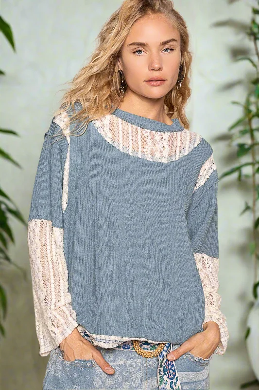 POL Lace Patchwork Retro Ribbed Knit Top Long-Sleeve Shirt Hippie Boho Blouse Short Sleeve Blouse POL Lace Patchwork Retro Ribbed Knit Top Long-Sleeve Shirt Hippie Boho Blouse Short Sleeve Blouse