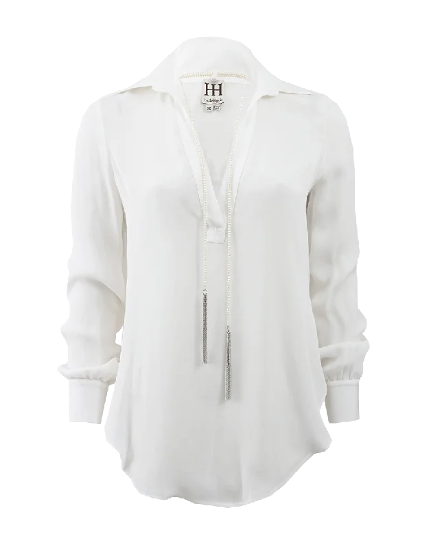 Blouse With Pearl Lariat Sheer Sleeve Blouse