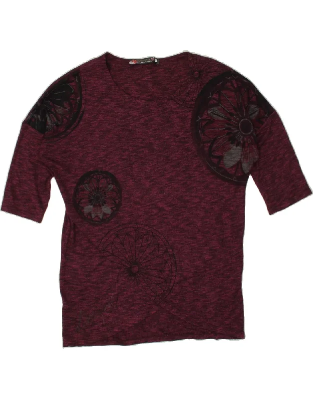 DESIGUAL Womens Abstract Pattern Blouse Top UK 10 Small Burgundy Viscose Elegant Embroidery Blouse