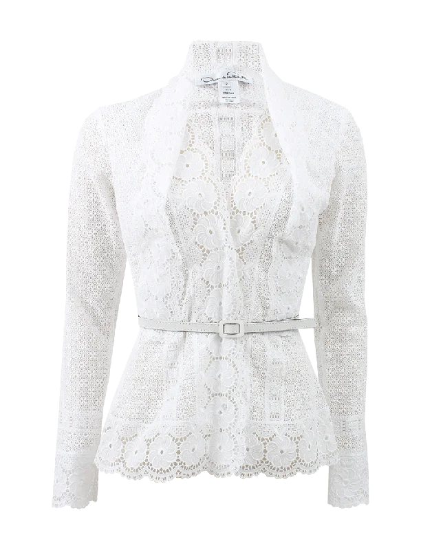 Lace Blouse With Belt Mandarin Collar Blouse