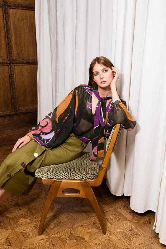Greta Grid Numbers Print Sheer Blouse Asymmetric Hem Blouse
