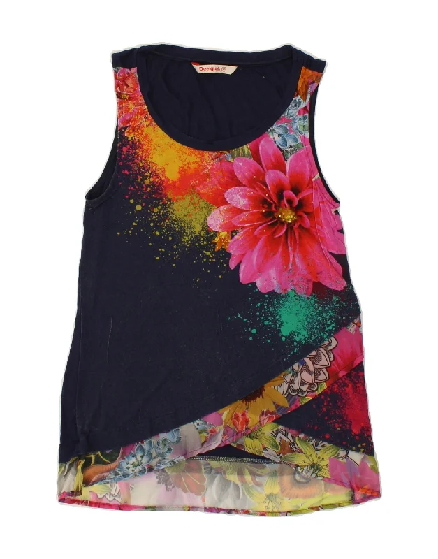 DESIGUAL Womens Graphic Sleeveless Blouse Top UK 6 XS Navy Blue Floral Subtle Shimmer Blouse