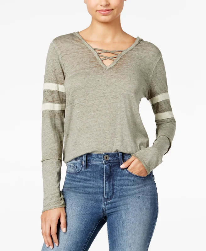 Juniors' Burnout Crisscross-Trim Hoodie Hoodie with Exposed Zipper Edgy Industrial