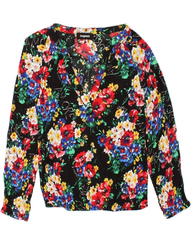DESIGUAL Womens Long Sleeve Blouse Top UK 12 Medium Black Floral Side Tie Blouse