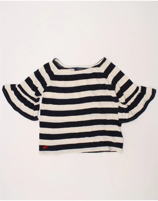 POLO RALPH LAUREN Girls Blouse Top 5-6 Years Navy Blue Striped Cotton Gathered Detail Blouse