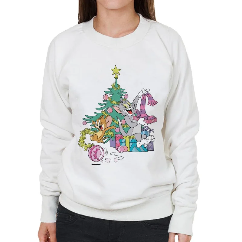 Tom and Jerry Christmas Festive Morning Women's Sweatshirt Hoodie with Hem Contrast Bold Stylish Tom and Jerry Christmas Festive Morning Women's Sweatshirt Hoodie with Hem Contrast Bold Stylish