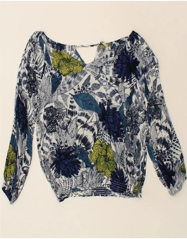 DESIGUAL Womens Long Sleeve Blouse Top UK 16 Large Blue Floral Feminine Satin Blouse