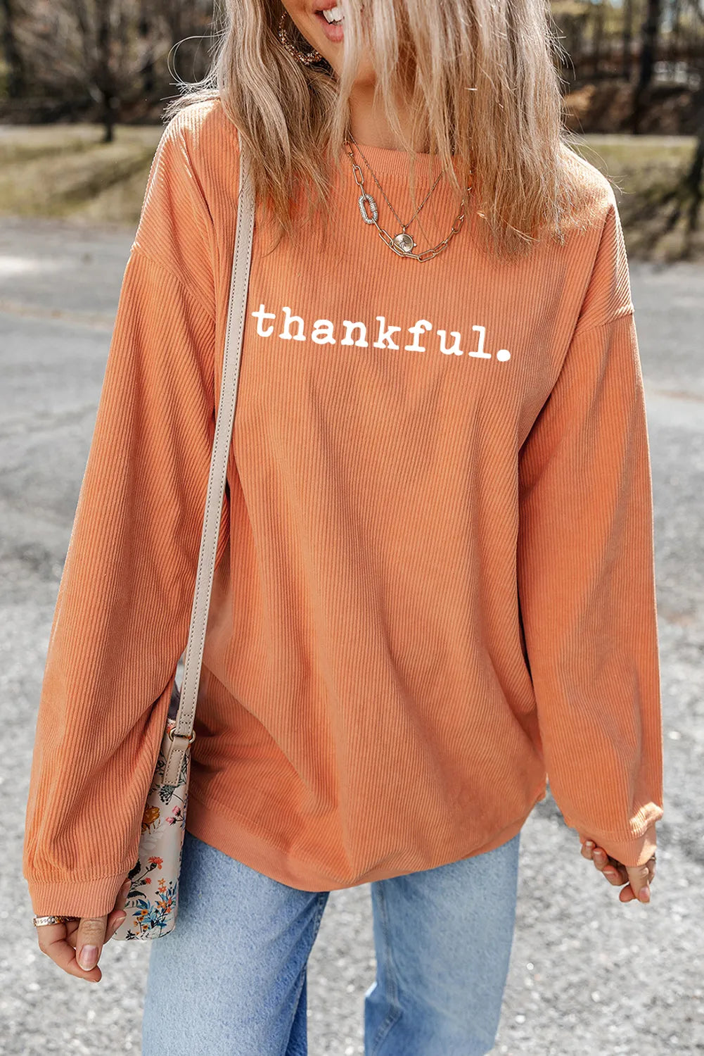 THANKFUL Round Neck Long Sleeve Sweatshirt Hoodie with Patch Decorative Personalized THANKFUL Round Neck Long Sleeve Sweatshirt Hoodie with Patch Decorative Personalized