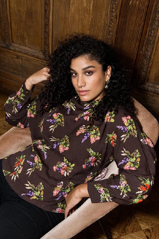 Piroska Lame Flower Print Open Back Tie Blouse Backless Summer Blouse