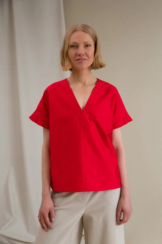 Belle Pleat Sleeve Blouse Red Lightweight Linen Blouse