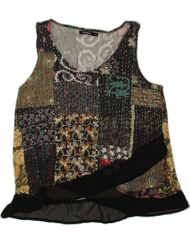 DESIGUAL Womens Sleeveless Blouse Top UK 18 XL Black Patchwork Smart Business Blouse