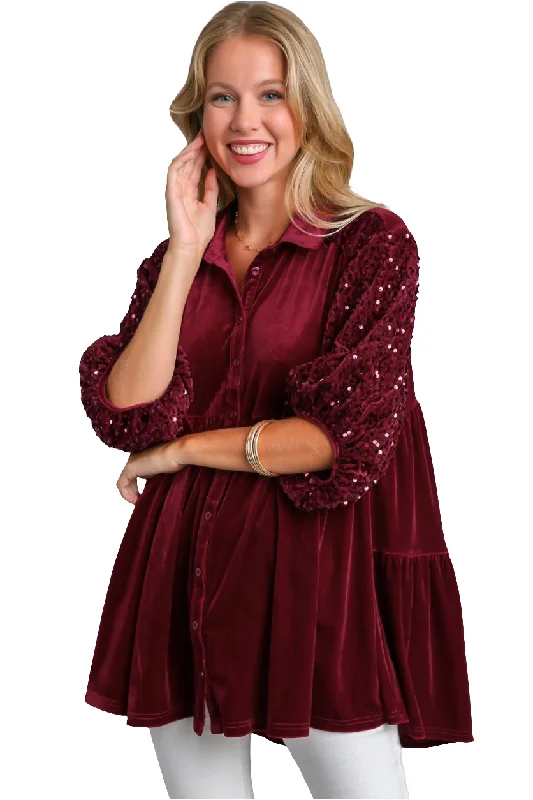 Umgee Sequin Velour Boho Oversized Tunic Top Babydoll Button-Up Shirt Velvet Blouse Double-Layered Blouse Umgee Sequin Velour Boho Oversized Tunic Top Babydoll Button-Up Shirt Velvet Blouse Double-Layered Blouse