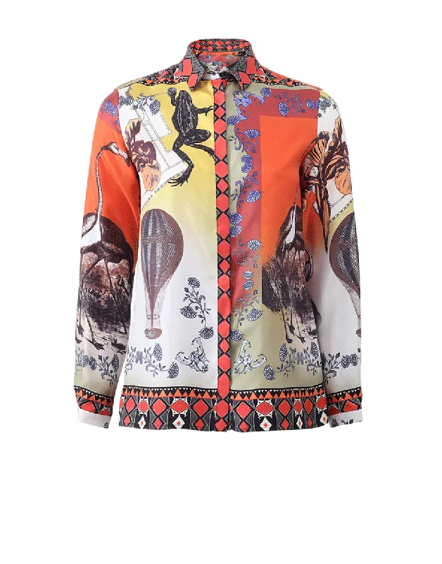 Hidden Button Print Blouse Elegant Office Blouse