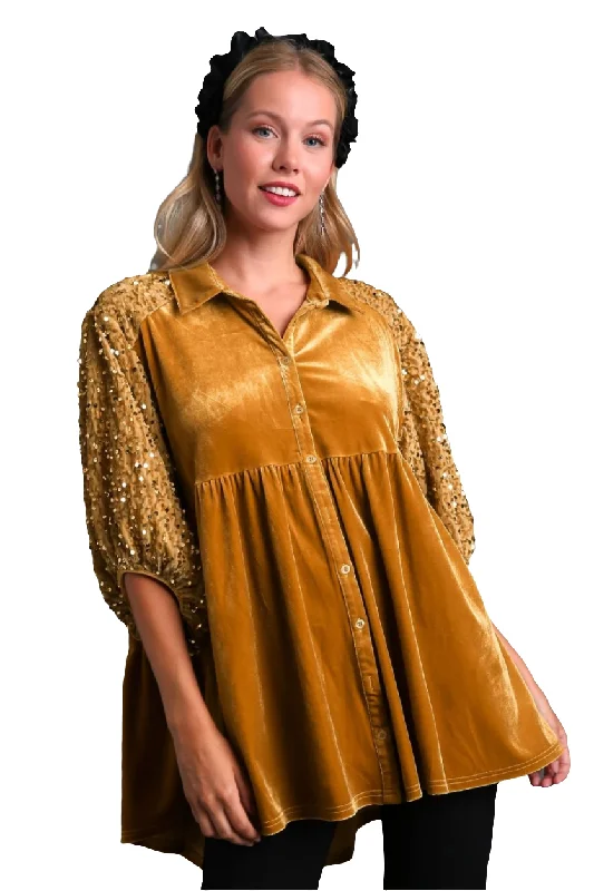 Umgee Sequin Velour Boho Oversized Tunic Top Babydoll Button-Up Shirt Velvet Blouse Delicate Bow Blouse Umgee Sequin Velour Boho Oversized Tunic Top Babydoll Button-Up Shirt Velvet Blouse Delicate Bow Blouse
