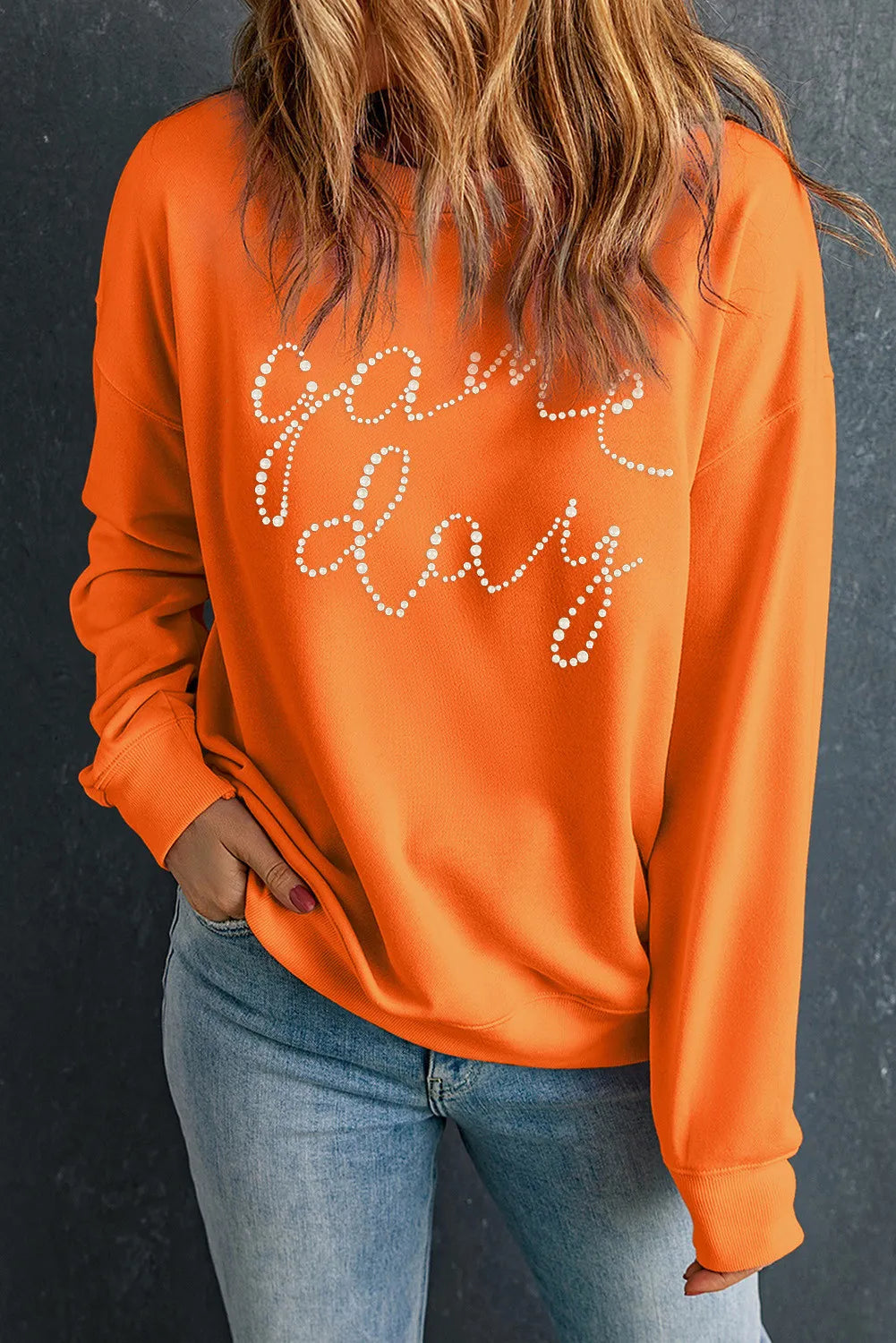 GAME DAY Round Neck Long Sleeve Sweatshirt Hoodie with Bell Sleeves Flared Feminine