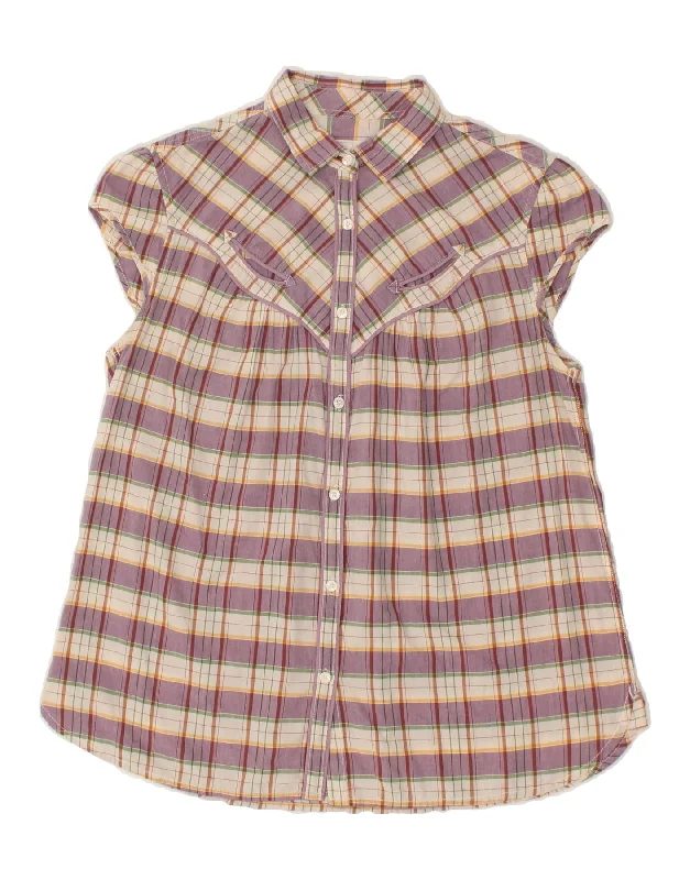 LEVI'S Womens Short Sleeve Shirt Blouse UK 12 Medium Purple Check Office Formal Blouse