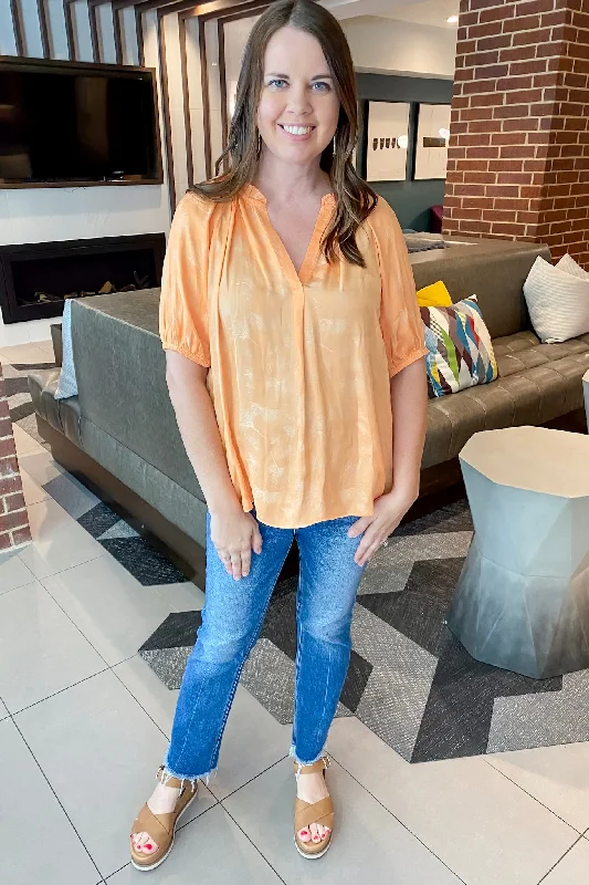 Orange Sherbet Ruffled Print Blouse Elegant Embroidery Blouse