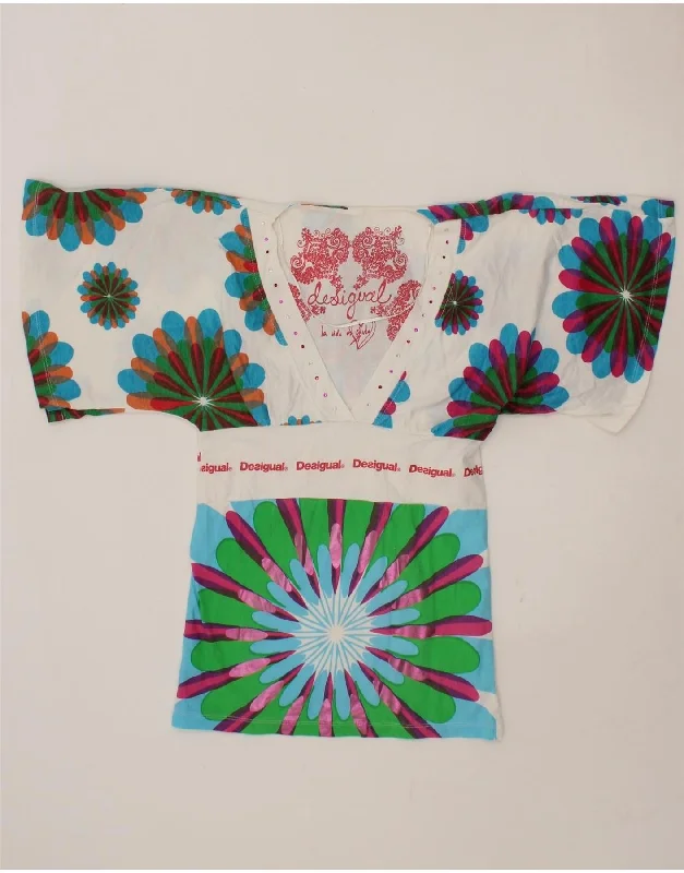 DESIGUAL Girls Graphic Batwing Blouse Top 4-5 Years Small White Floral Sleeveless Chiffon Blouse