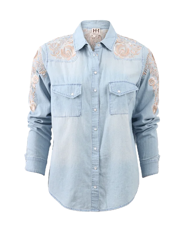Chambray Blouse Ruched Sleeve Blouse
