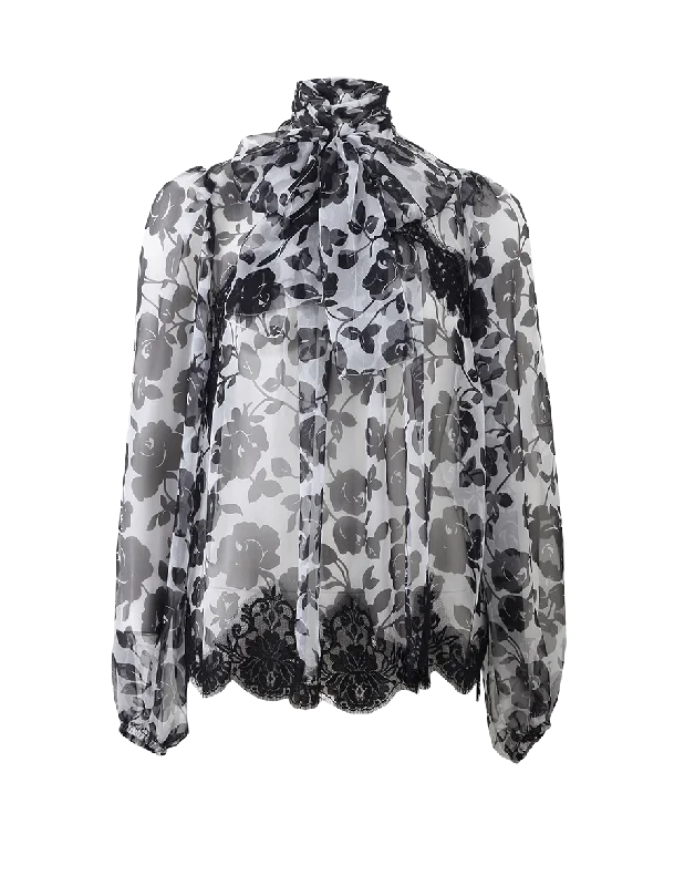Rose Print Peasant Blouse High Neck Blouse