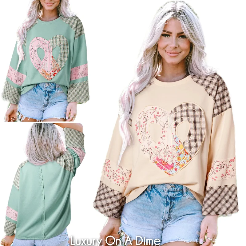 Peace Heart Plaid Floral Patchwork Blouse Long Sleeve Top Oversized Hippie Boho Shirt Balloon Sleeve Blouse Peace Heart Plaid Floral Patchwork Blouse Long Sleeve Top Oversized Hippie Boho Shirt Balloon Sleeve Blouse