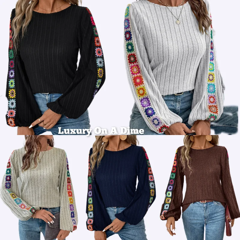 Colorful Embroidered Blouse Bohemian Long Sleeve Ribbed Shirt Round Neck Retro Hippie Top Romantic Lace Blouse Colorful Embroidered Blouse Bohemian Long Sleeve Ribbed Shirt Round Neck Retro Hippie Top Romantic Lace Blouse