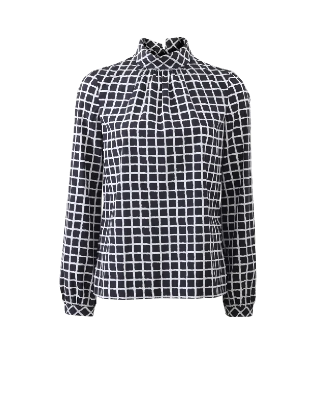 High Neck Window Pane Blouse Elegant Embroidery Blouse