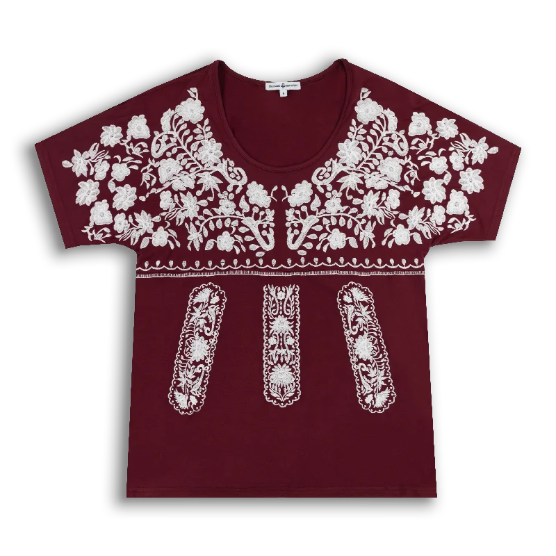 Floral Embroidered Peek-A-Boo Maroon Blouse Floral Chiffon Blouse
