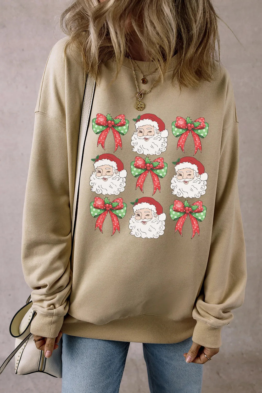 Santa Graphic Round Neck Long Sleeve Sweatshirt Hoodie with Typography Text Message