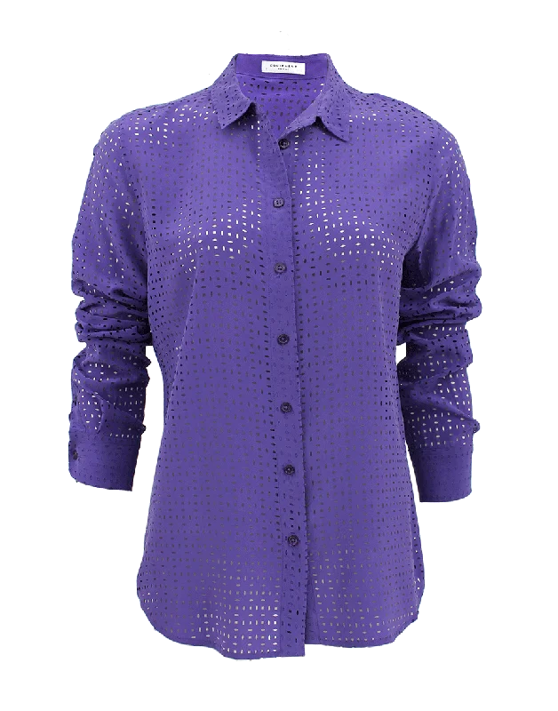 Long Sleeve Perforated Button Down Blouse Relaxed Fit Blouse