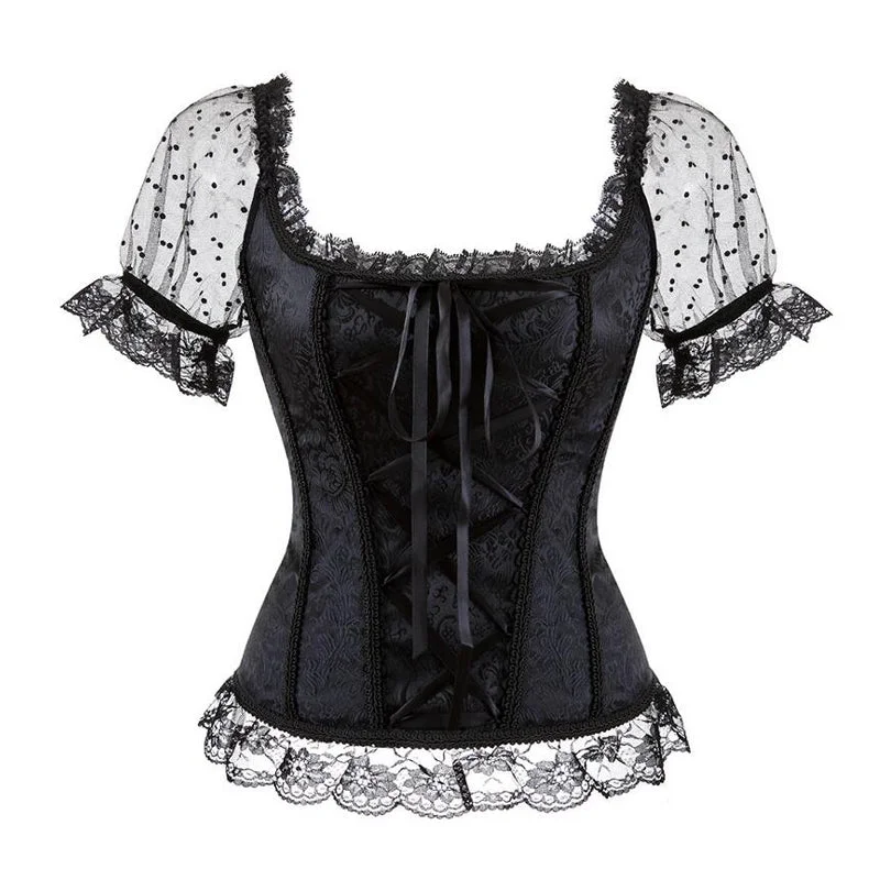 Wjczt Woman Vintage Gothic Victorian Blouse 2020 Lolita Elastic Black White Top Steampunk 6XL Plus Size Women Clothing Summer Shirt Double Button Blouse