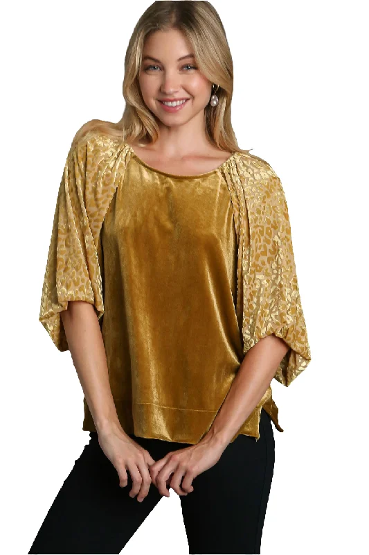 Umgee Leopard Velvet Sheer Balloon Half Sleeve Shirt Split Side Top High-Low Blouse Classic Striped Blouse