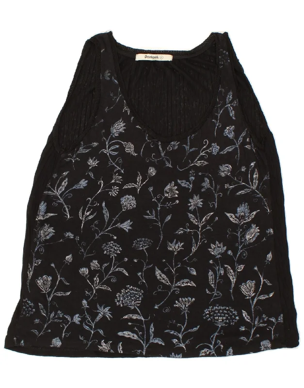 DESIGUAL Womens Sleeveless Blouse Top UK 10 Small Black Floral Vintage Lace Blouse