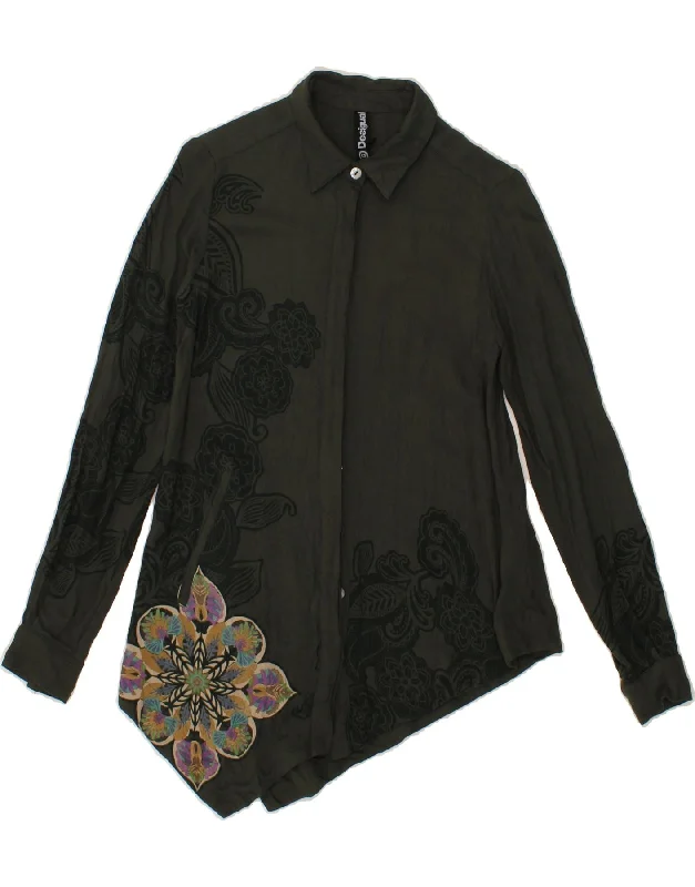DESIGUAL Womens Asymmetric Shirt Blouse UK 6 XS Khaki Floral Viscose Soft Modal Blouse