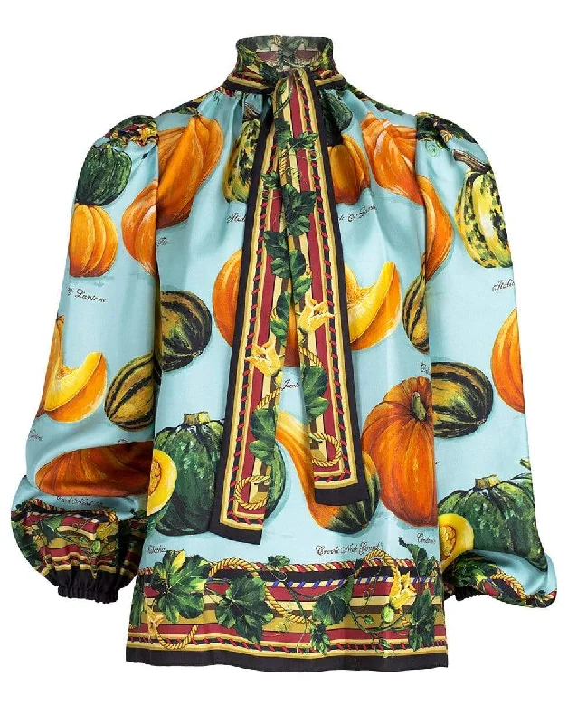 Pumpkin Print Twill Blouse Elegant Peplum Blouse