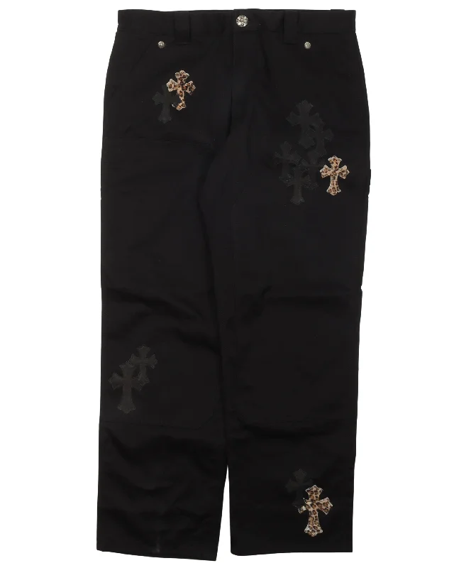 Leather Cross Double Knee Pants Warm Wool Trousers