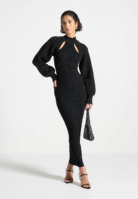 Balloon Sleeve Knitted Contour Maxi Dress - Black Trendy Maxi Dress with Bow