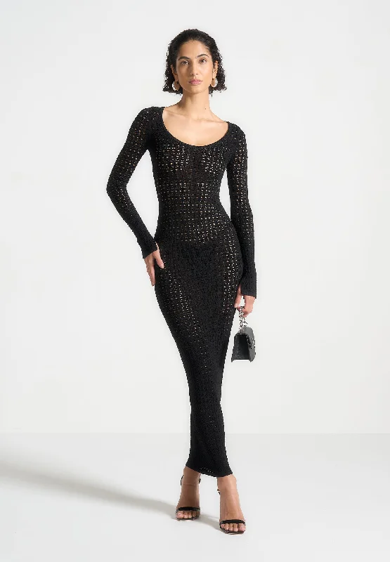 Knitted Scoop Neck Maxi Dress - Black Fashionable Maxi Dress with Fringe