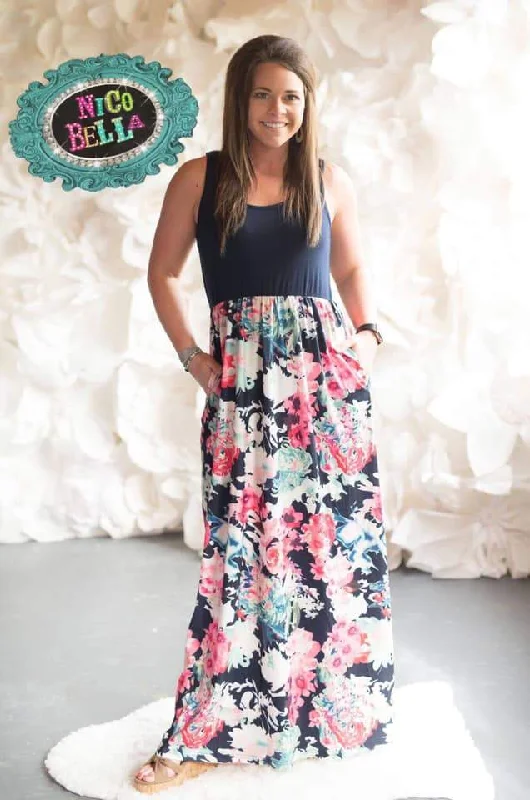 Navy Floral Color Block Tank Maxi Dress Chic Summer Floral Maxi Dress