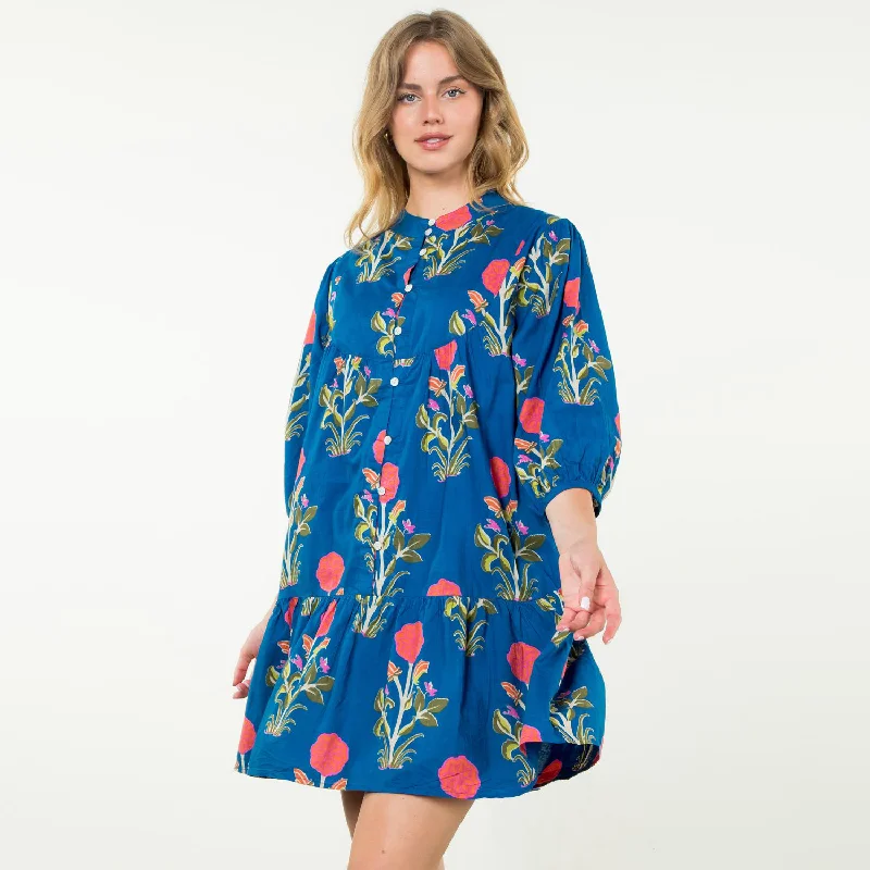 THML - Mid Sleeve Flower Maxi Dress - Blue Comfortable Maxi Dress with Slits