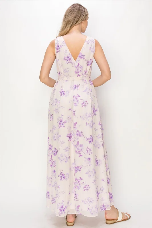 White and Purple Floral Printed Maxi Dress Comfortable Maxi Dress with Belt