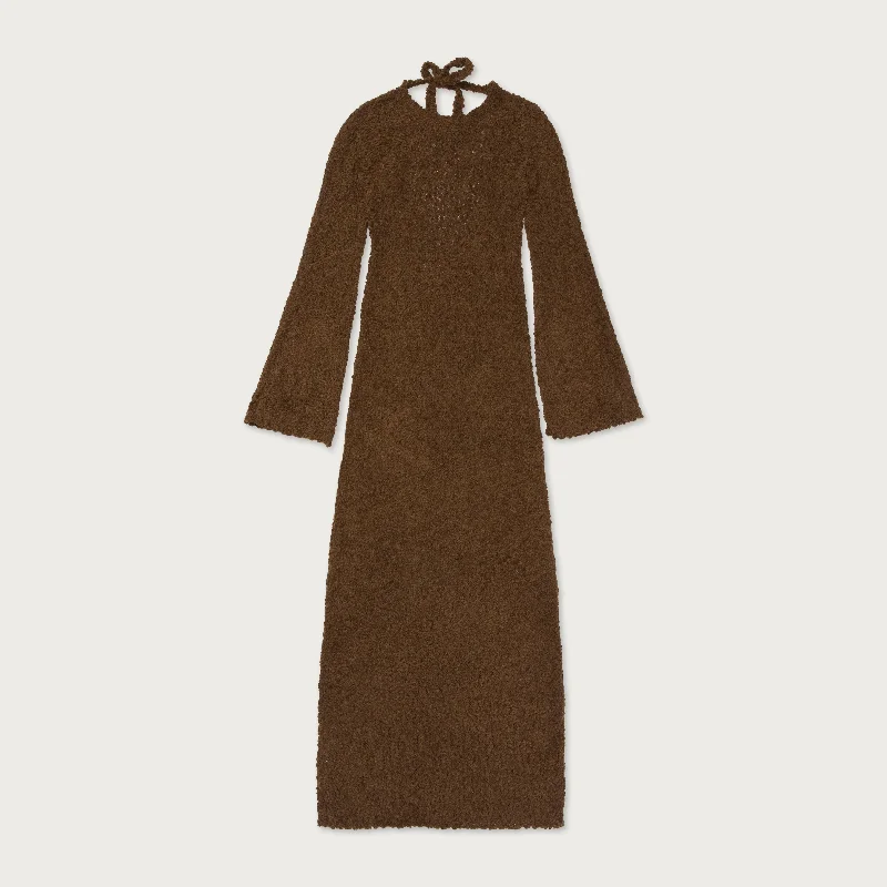 Womens L/S Knit Maxi Dress - Brown Elegant Tiered Maxi Dress