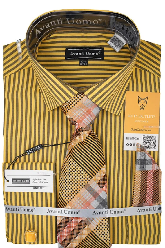 Black and Mustard Striped French Cuff Dress Shirt Set with Tie, Cuff Links and Pocket Square Hooded Caped Shawl Collar