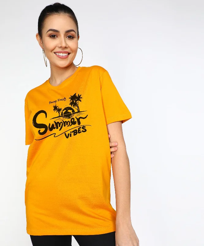 Womens Over Size Half Sleeve Printed T.shirts (Mustard) Anti-Pilling Machine Wash Handmade