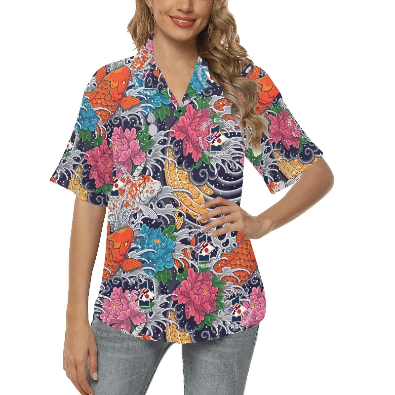 Japanese Koi Fish and Waves Team Kadena First Sergeant Council Women's No Pocket Hawaiian Shirt V-Neck T-Shirt Long Sleeve Cotton Japanese Koi Fish and Waves Team Kadena First Sergeant Council Women's No Pocket Hawaiian Shirt V-Neck T-Shirt Long Sleeve Cotton
